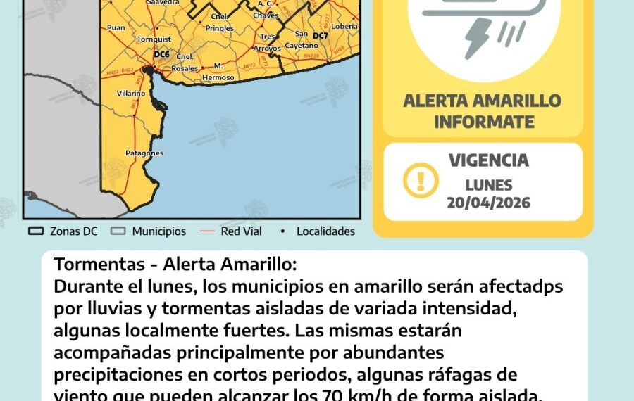 Alerta amarilla por tormentas para Tornquist y zona