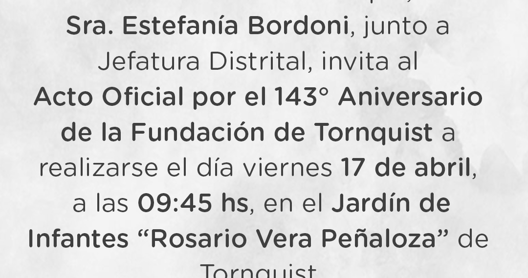 Invitación al acto por el 143º aniversario de Tornquist