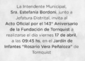Invitación al acto por el 143º aniversario de Tornquist
