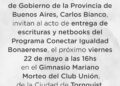 Invitación al acto de entrega de escrituras y netbooks este viernes en Tornquist