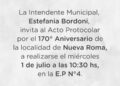 Invitación al acto del 170º aniversario de Nueva Roma