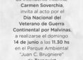 Invitación al acto del Día Nacional del Veterano de Guerra Continental por Malvinas
