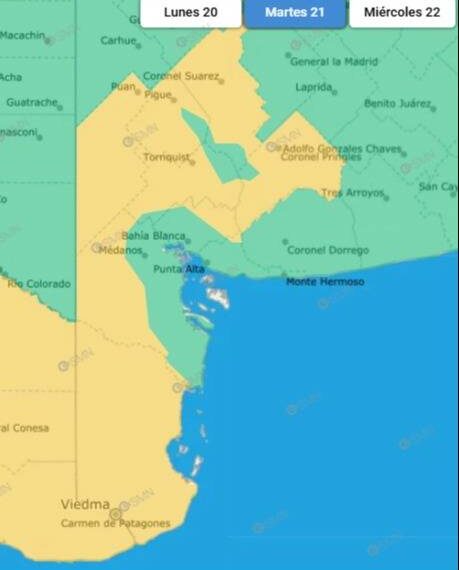 Alerta amarilla para gran parte del Sudoeste Bonaerense por lluvias