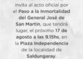 Invitación al acto por el 176º aniversario del Paso a la Inmortalidad del Gral. San Martín