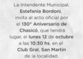 Invitación al acto por el 130º aniversario de Chasicó